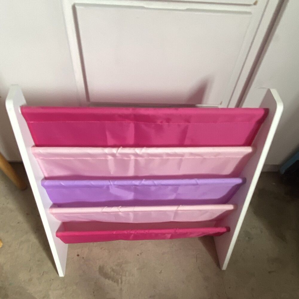 Bookcase Kids 4-Tier Fabric Sling, Wood Frame White Pink Purple Freestanding NEW